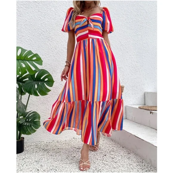 Boho Multicolor Stripes Puff Sleeve Maxi Dress - Picture 2 of 5